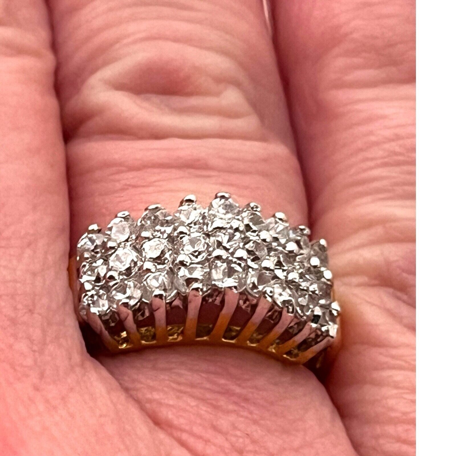Vintage 1980s Ring Size 6 CZ Cluster Three Row Prong Set Gold Plated – 14M