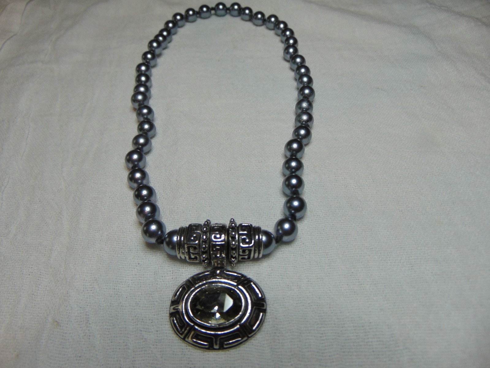 vtg Esposito hand knotted gray pearl snap on pendant necklace grat crystal