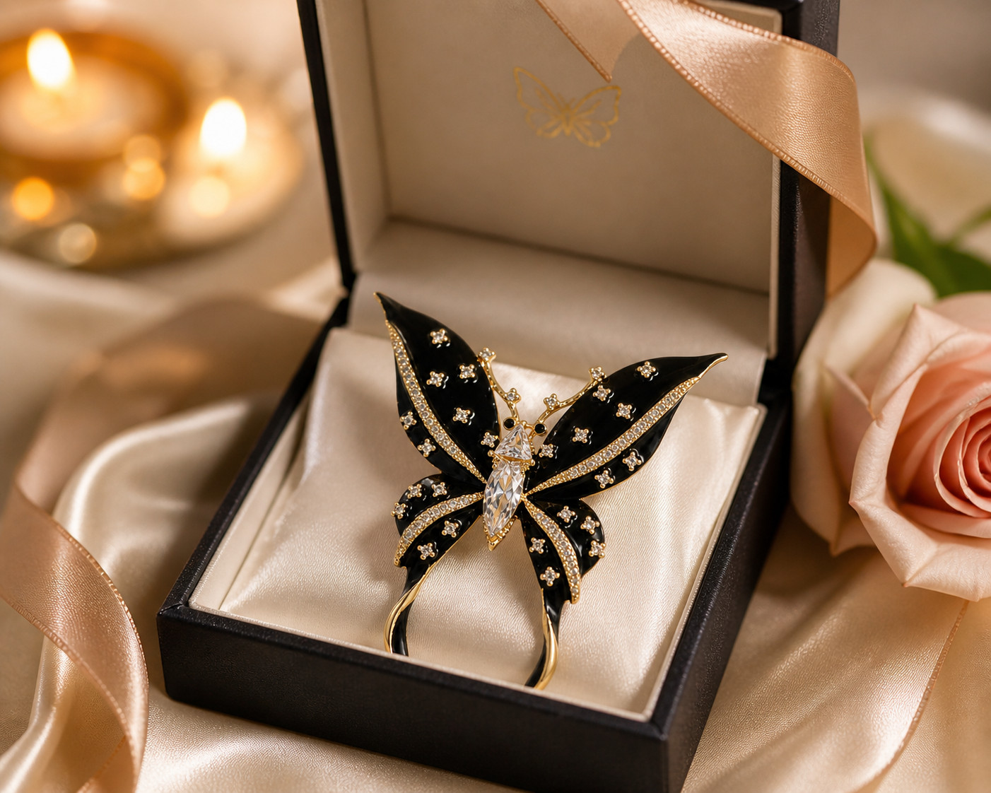 Black Enamel Butterfly Brooch Gold Tone Rhinestone Crystal Pin Vintage-Inspired