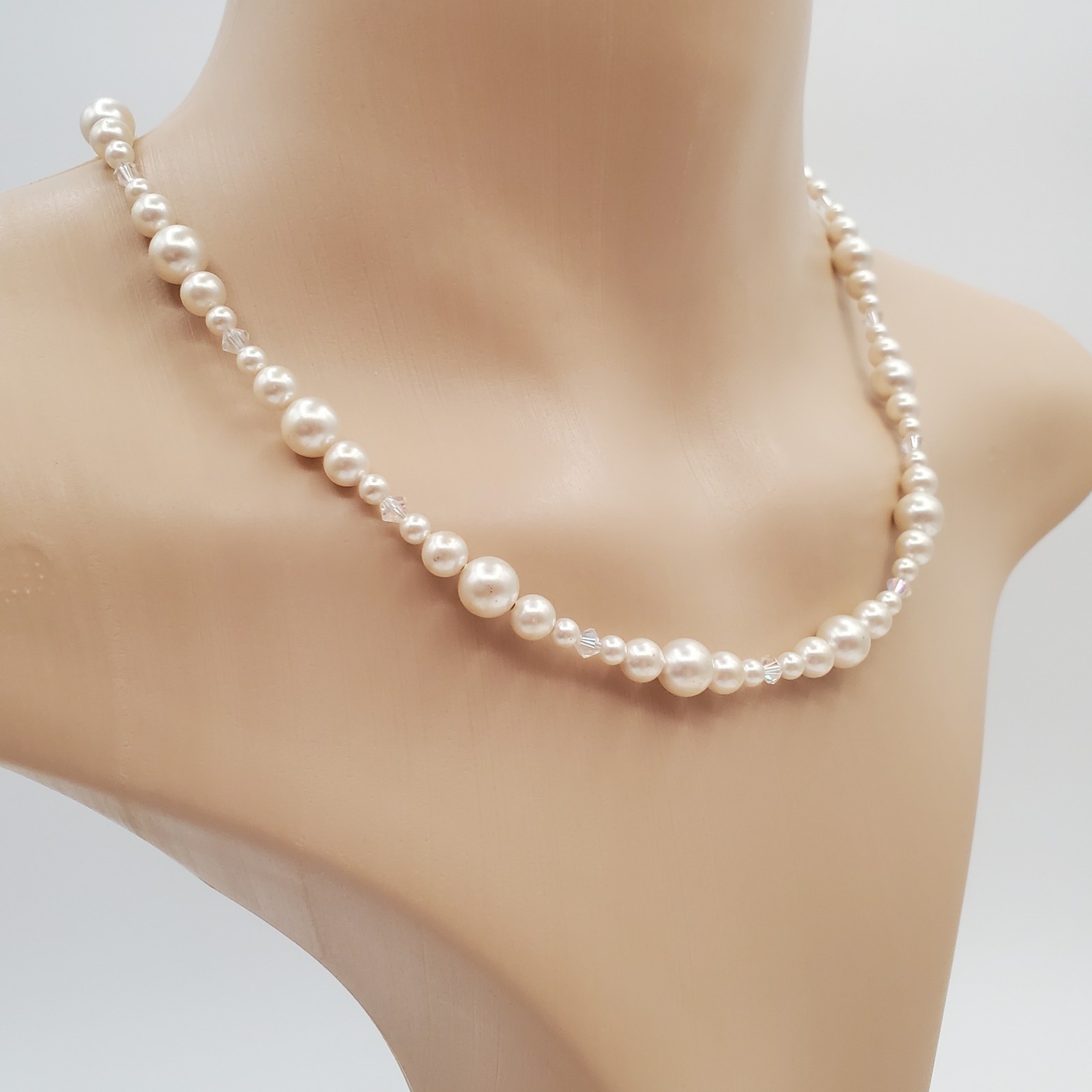 VTG 925 Faux Pearl Bicone Crystal Necklace 18in Sterling Silver 24gtw Estate