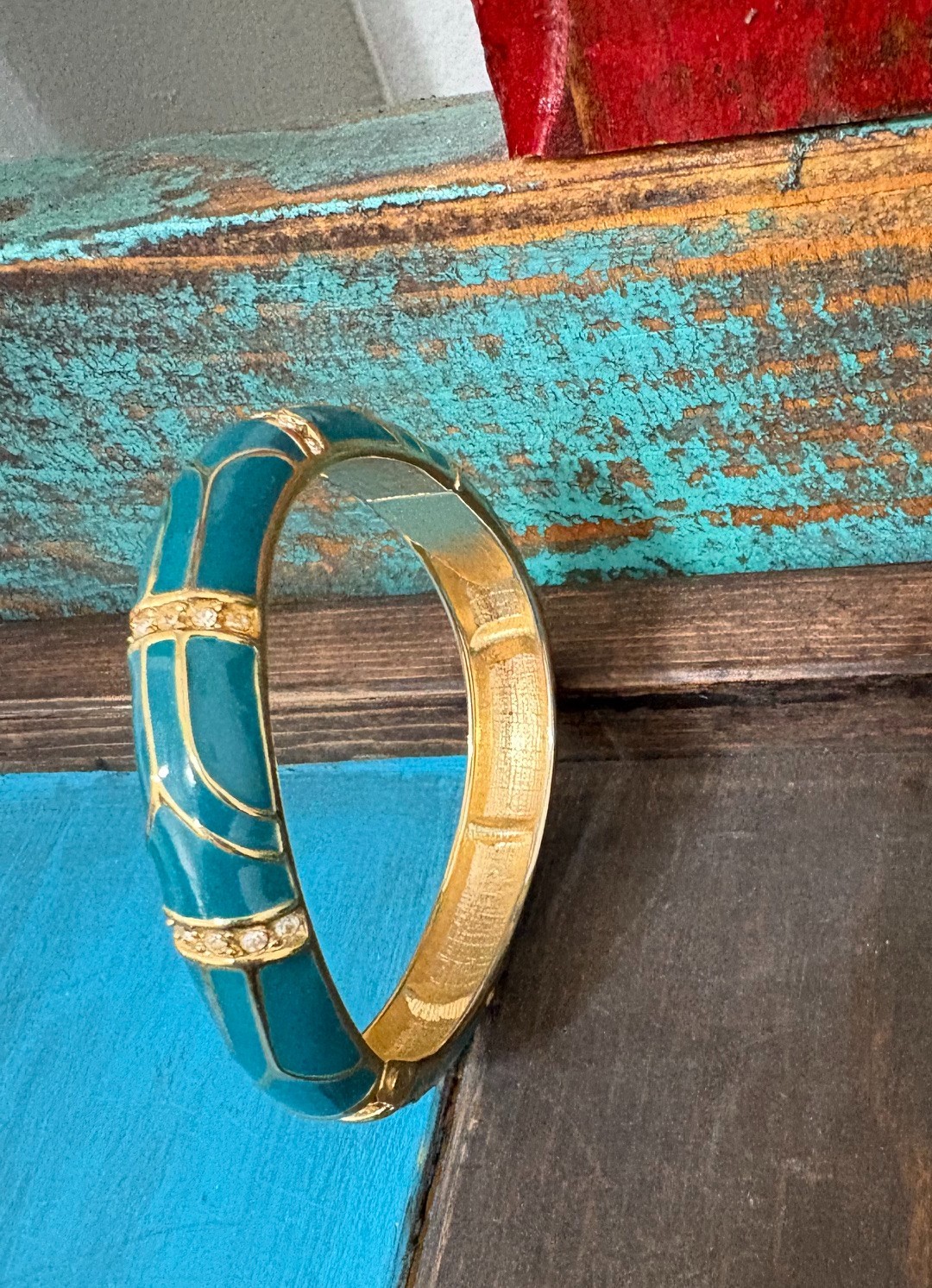 Vintage “Perfect Wave” azure blue enamel and crystal hinged bangle gold tone