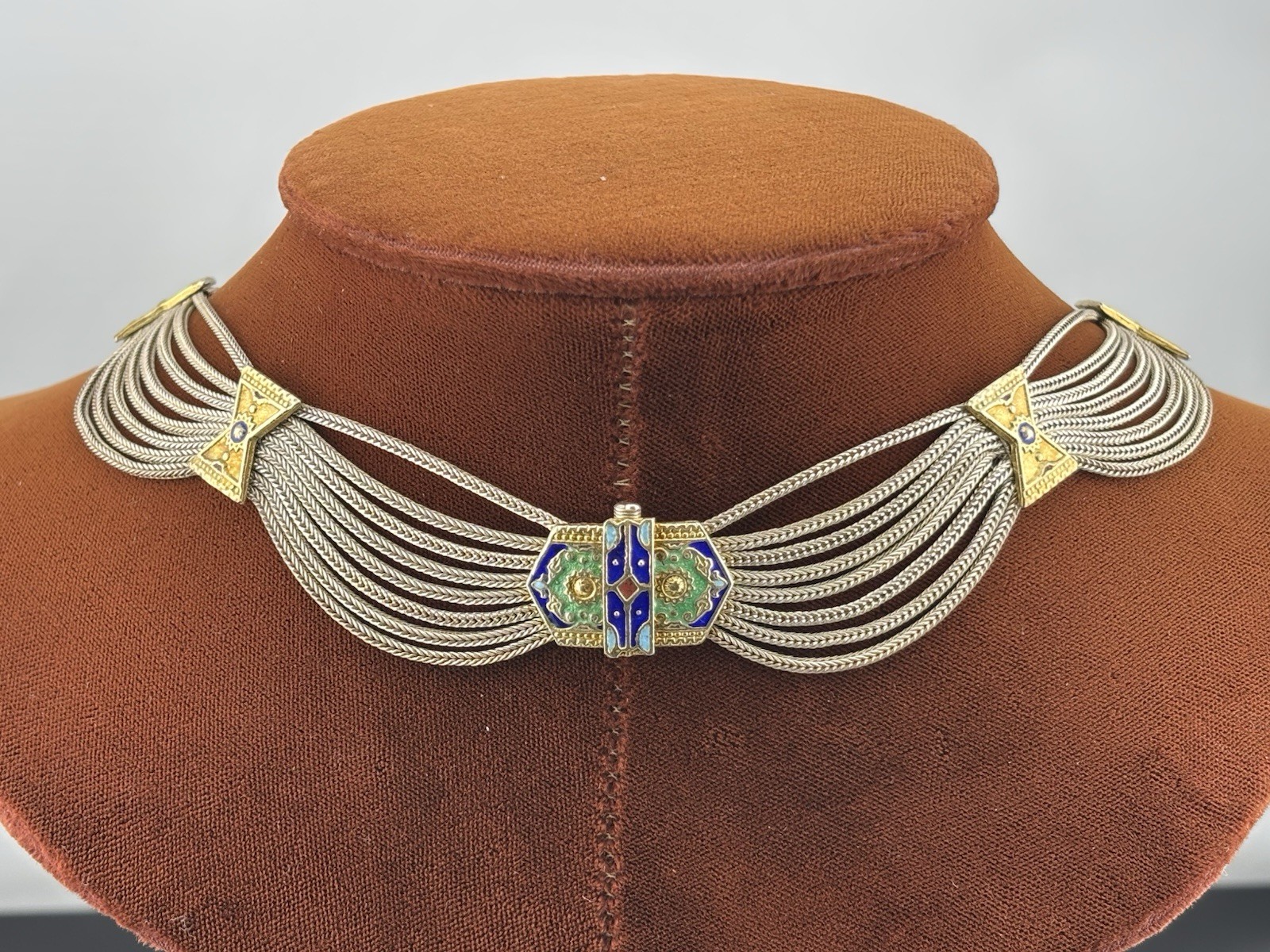 Vtg Anatoli Sterling Silver Enamel Necklace Gold Vermeil Station Pendants 17″