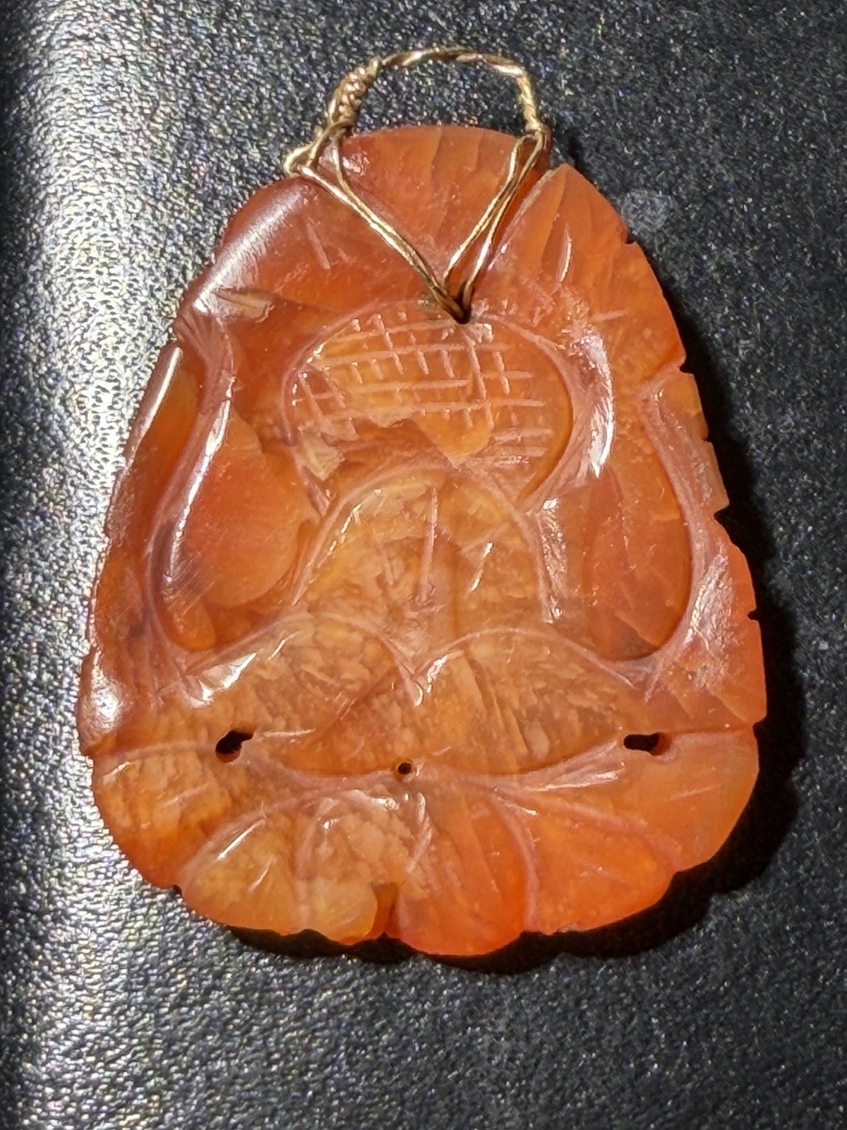 Vintage Carved Carnelian Stone Pendant 10k Solid Gold Wire Bail Old Repair