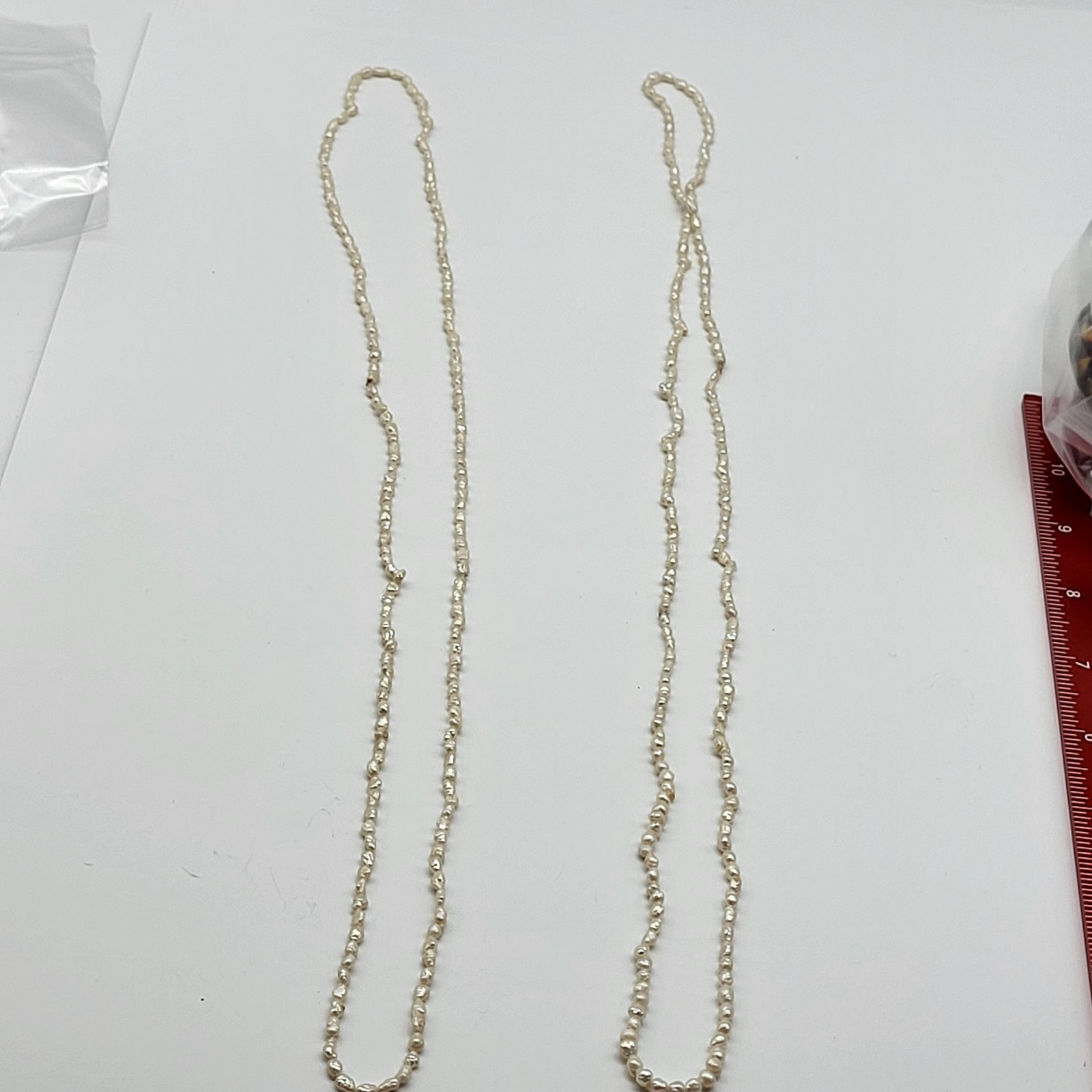Lovely VTG rice pearl necklace two single strands 32″ bridal no clasp natural