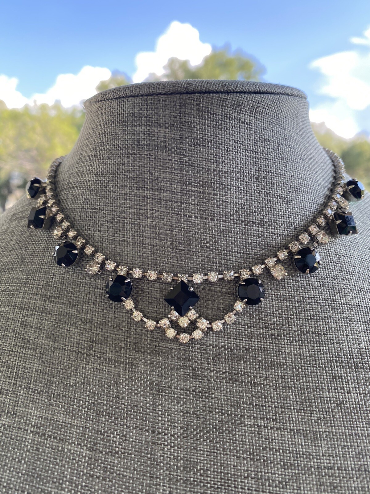 Vintage Chocker Necklace Hook Clasp 14” + 1” Rhinestones Clear Black