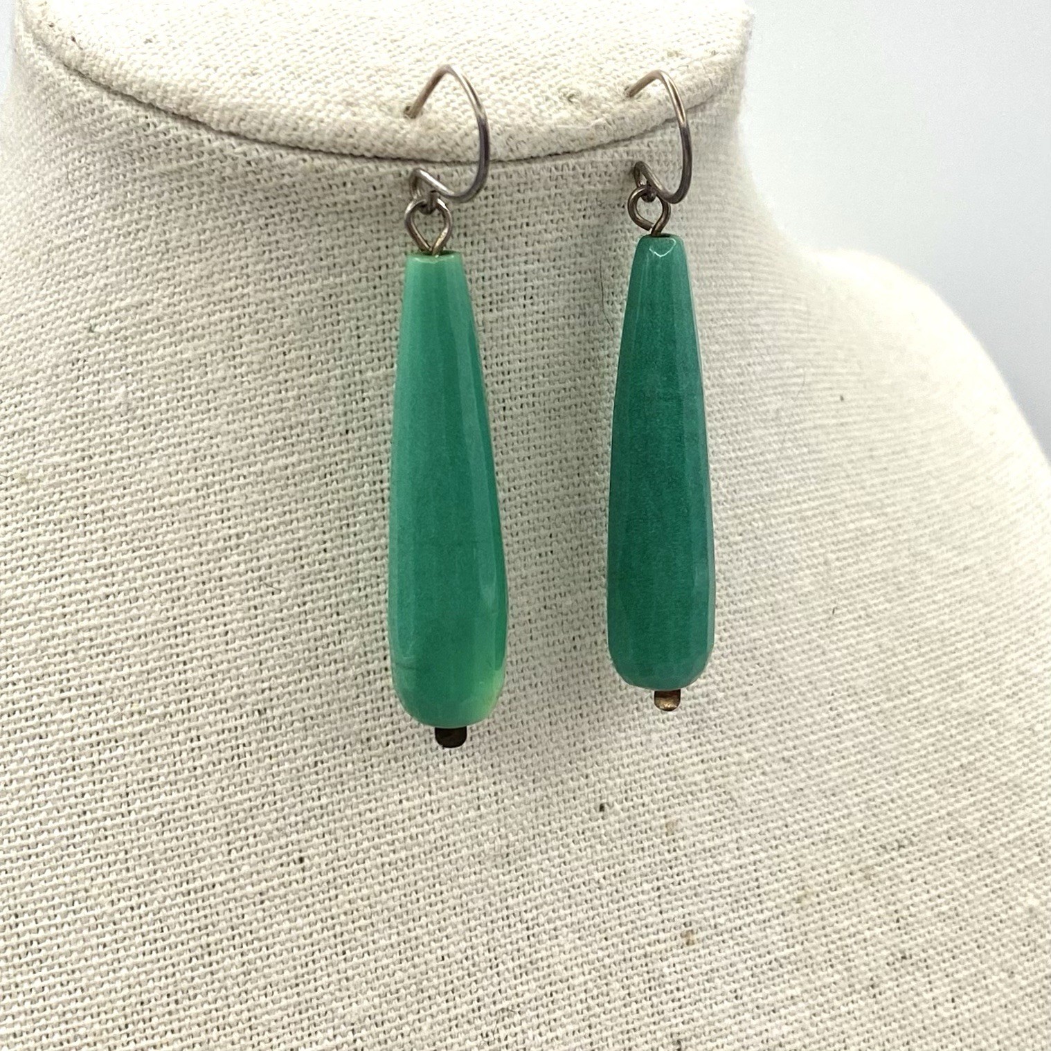 Vintage Sterling Silver Gemstone Earrings Long Drop Dangle Aqua Green Art Deco