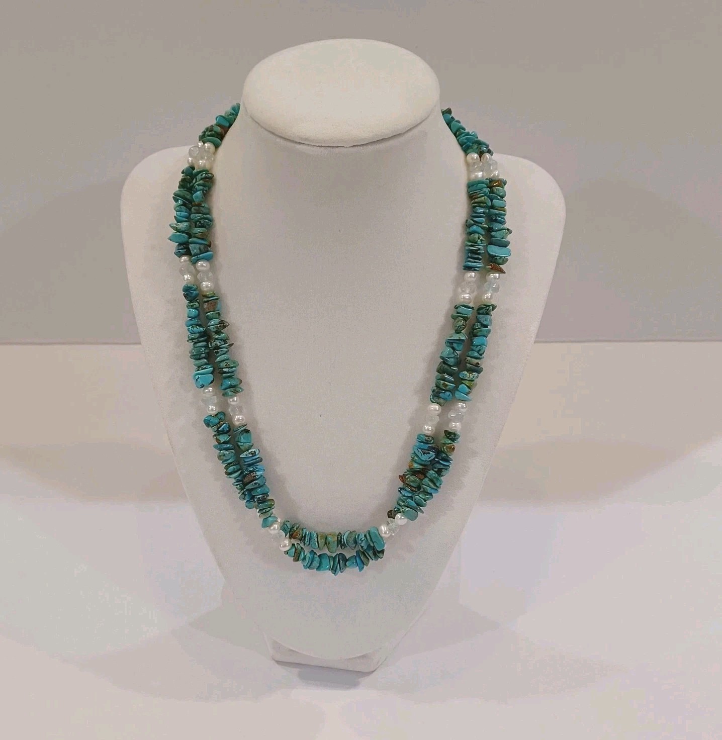 Vintage Double Strand Real Chip Turquoise And Pearl Necklace 925 Sterling 18″