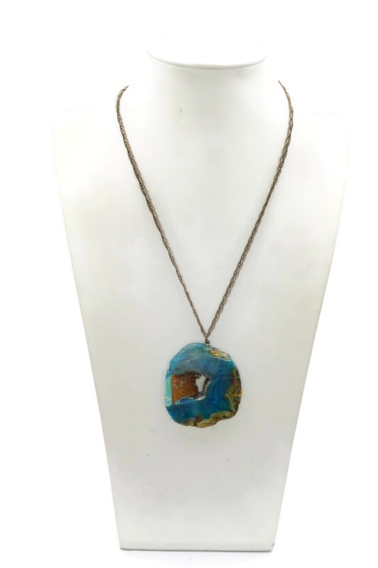 Vintage Necklace Silver Tone Blue Agate Geode 19″