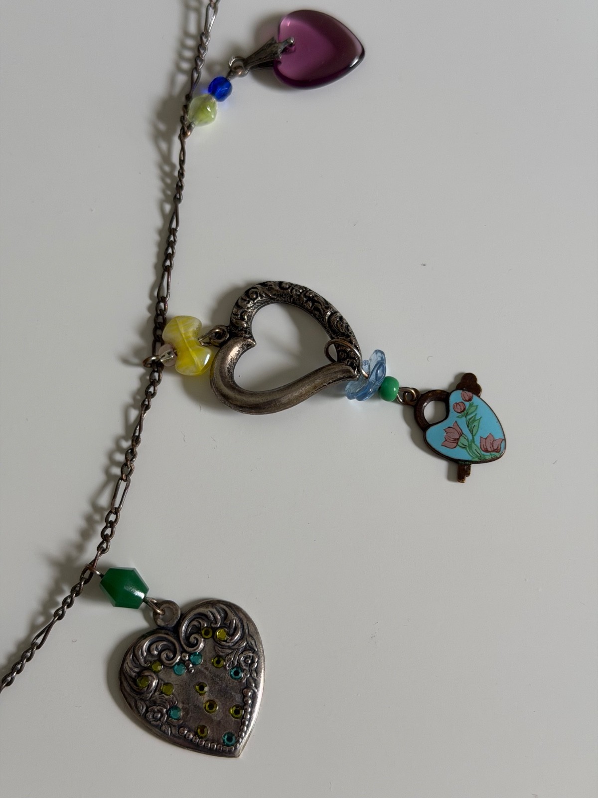 Vintage Glass Works Studio 32″ Multi Charm Necklace Love Me Spinner I Love You G