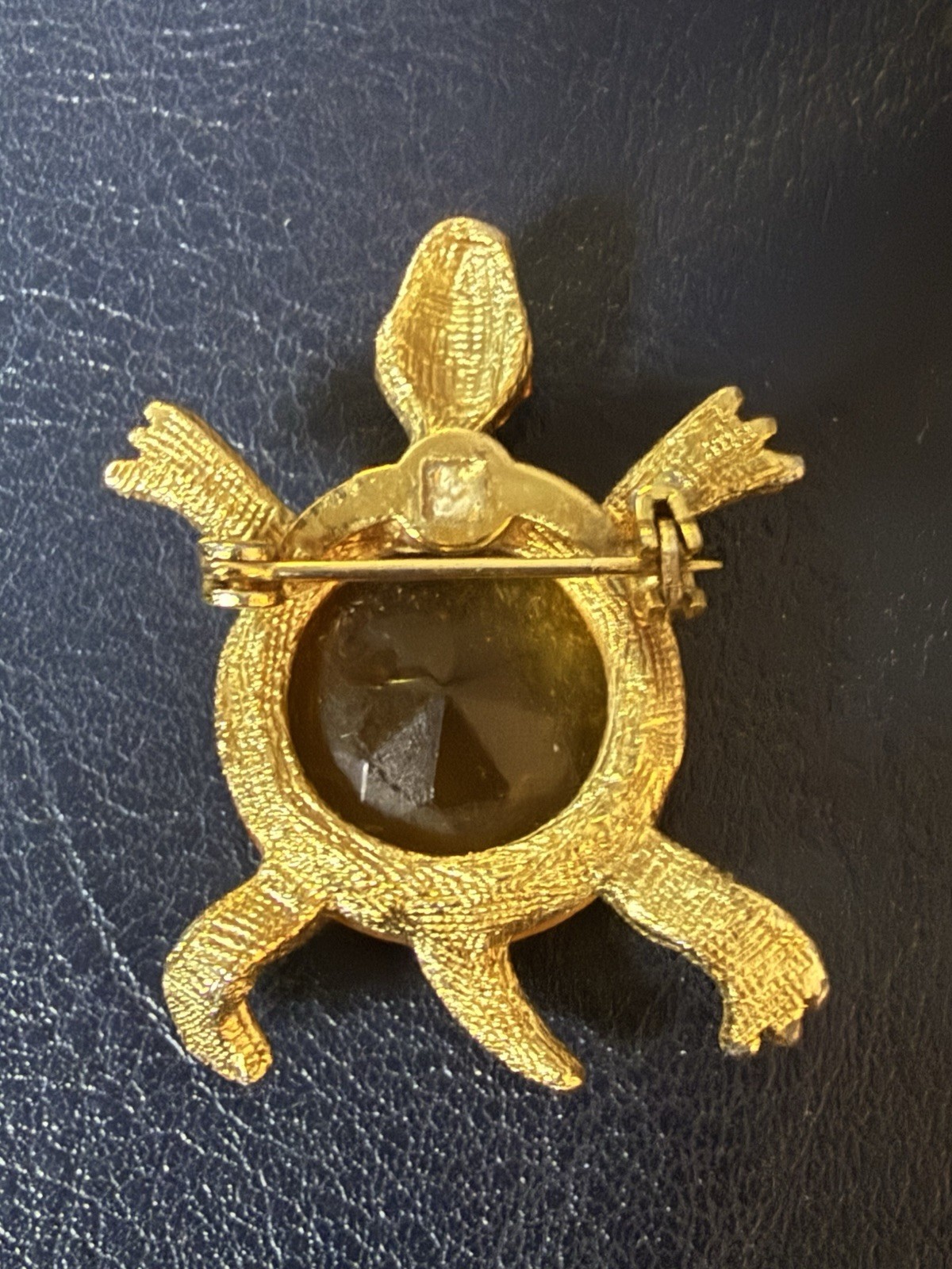 Gold Tone Yellow Faceted Clear Red Rhinestone Turtle Brooch Pin, M564