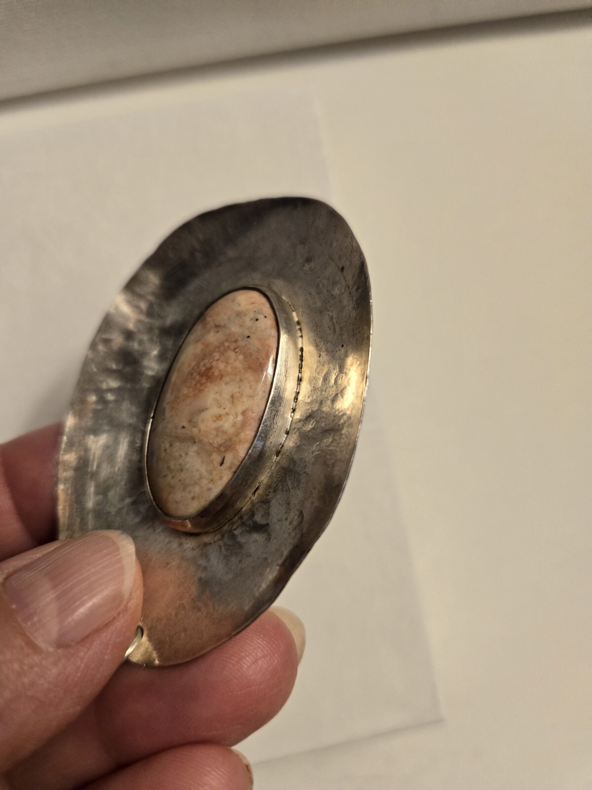 Vintage Oversized Oval Agate Hammer finish White Metal Artisan Crafted Pendant