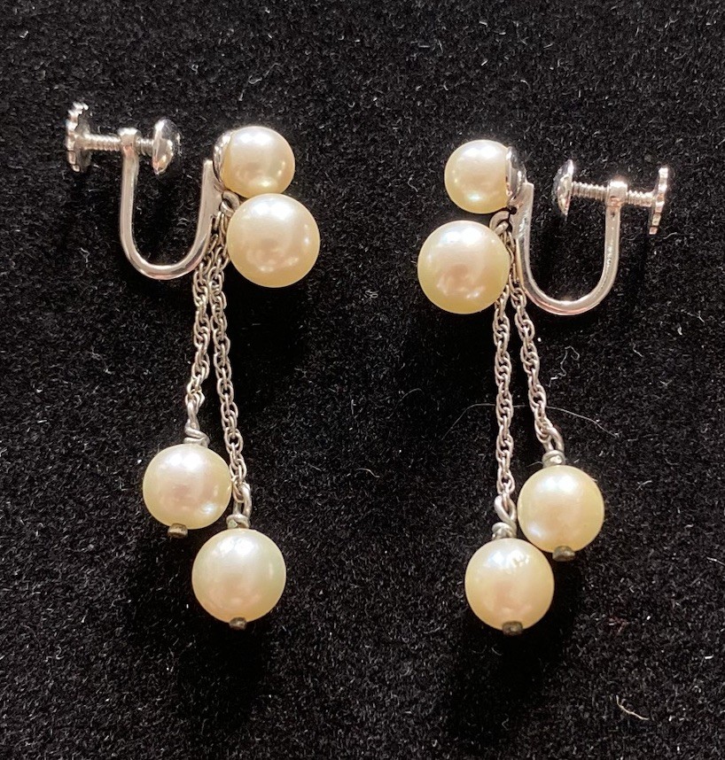Earrings Champagne Pearls & White Gold 10K Dangle Drop w/ Screw Backs Vintage