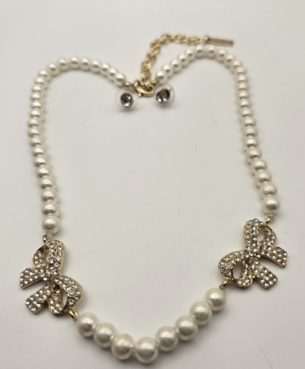 Sugarfix Pearl Bow Necklace 19″ Coquette Balletcore Rhinestone Feminine + Studs