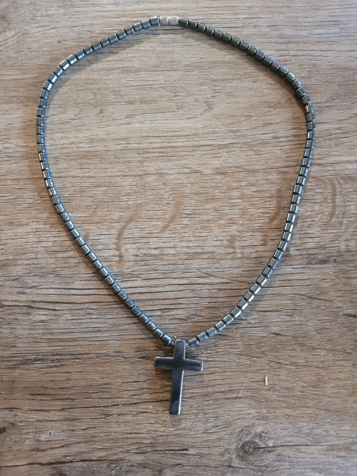 Hematite Stone Cross Pendant Beaded Necklace 16 in Vintage Strand Choker Collar