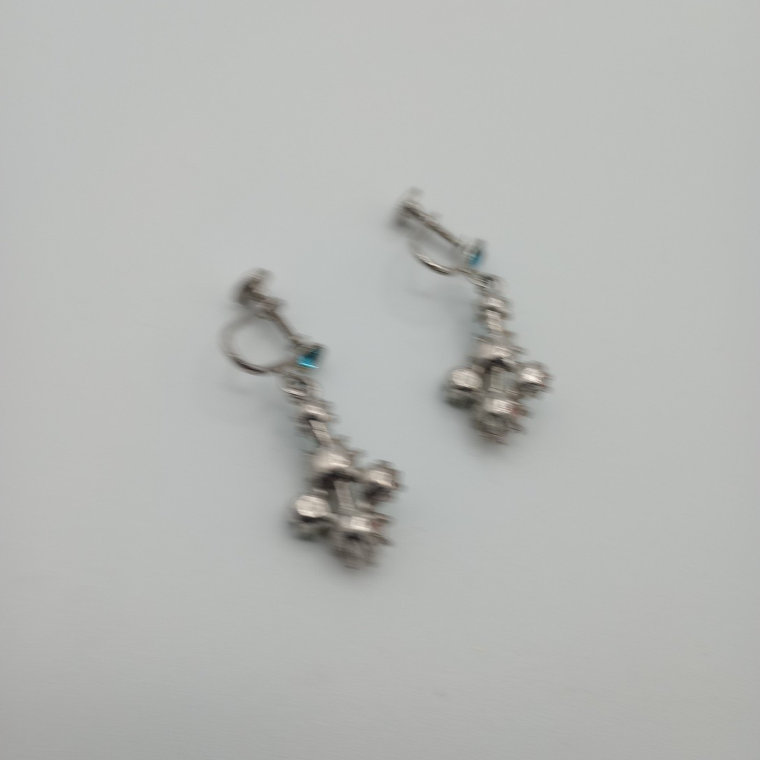 Vintage Light Blue Green Rhinestone and Pearl Screw on Drop Earrings Estate