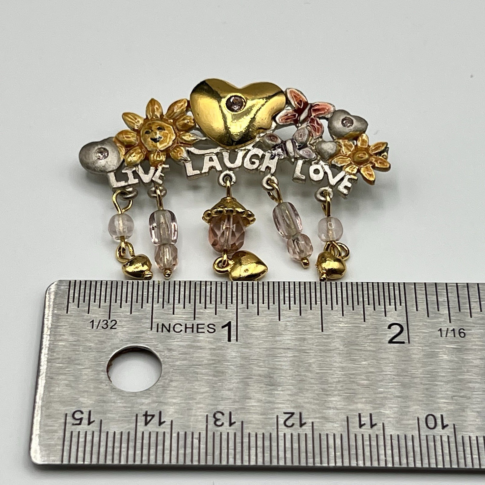 Vintage Garden Floral Heart Dangle Brooch Pink Bead Charm Statement Pin Signed