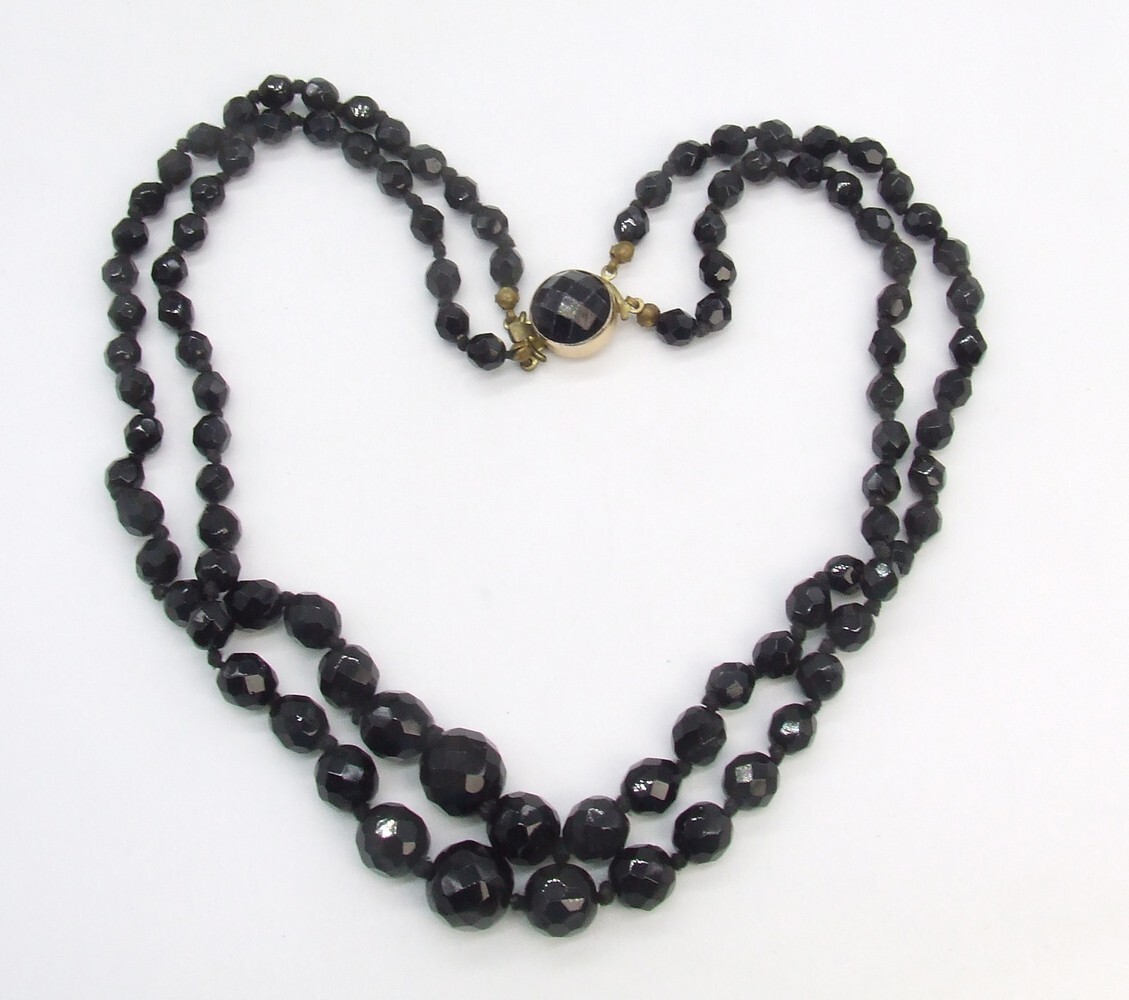 18″ Knotted Double Strand Austrian Black Faceted Crystal Bead Choker Necklace