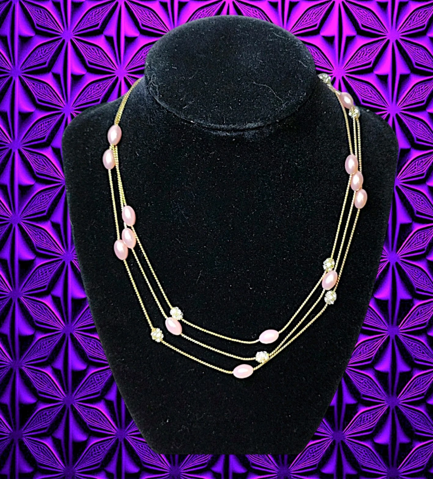 Vintage Monet 3-Strand Gold Tone Necklace Oval Bead Pave Rhinestone Ball 16″-18″