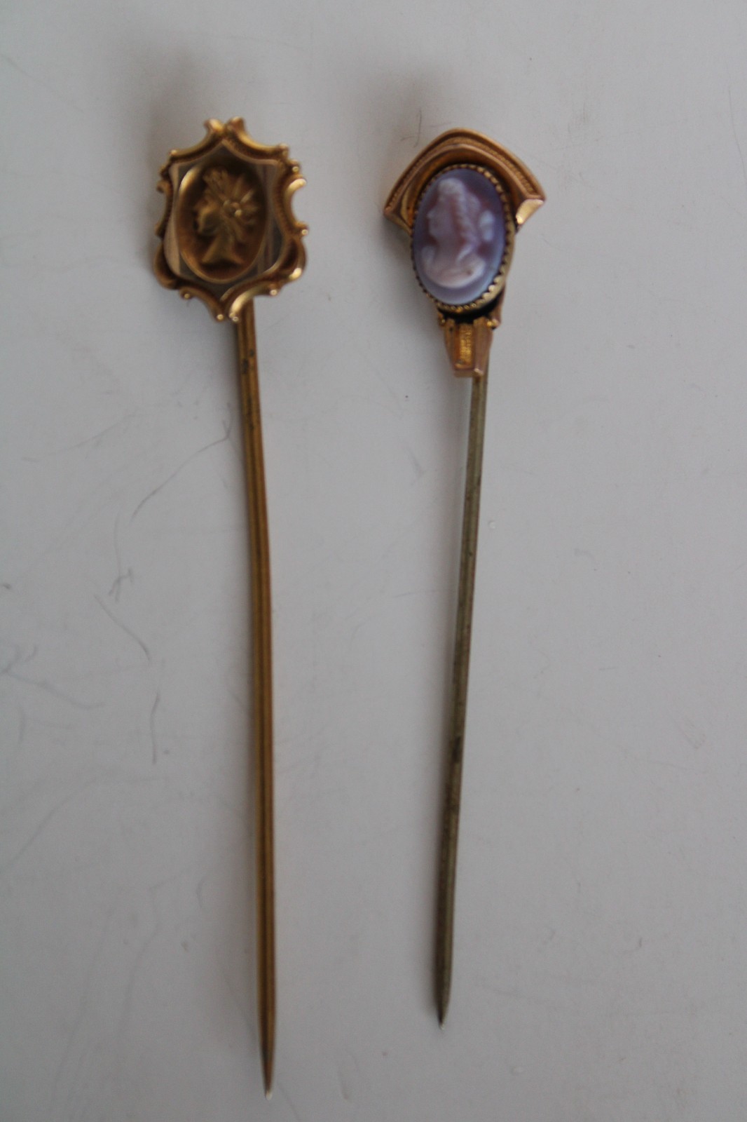 (2) Antique Art Nouveau Cameo & Shield Portrait Stick Pin