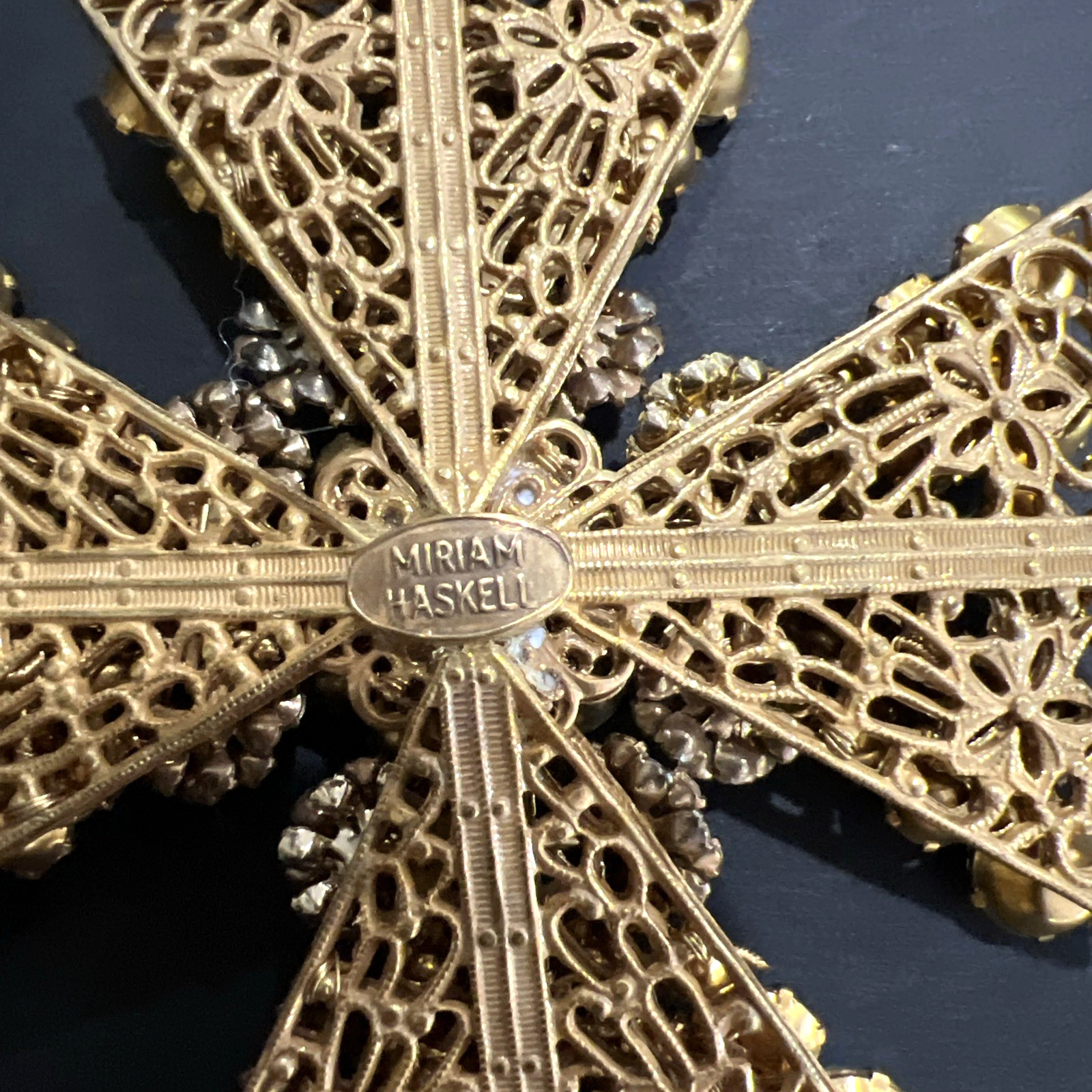 VTG. SIGNED MIRIAM HASKELL RHINESTONE MALTESE CROSS on RIBBON & CROSS BAR BROOCH