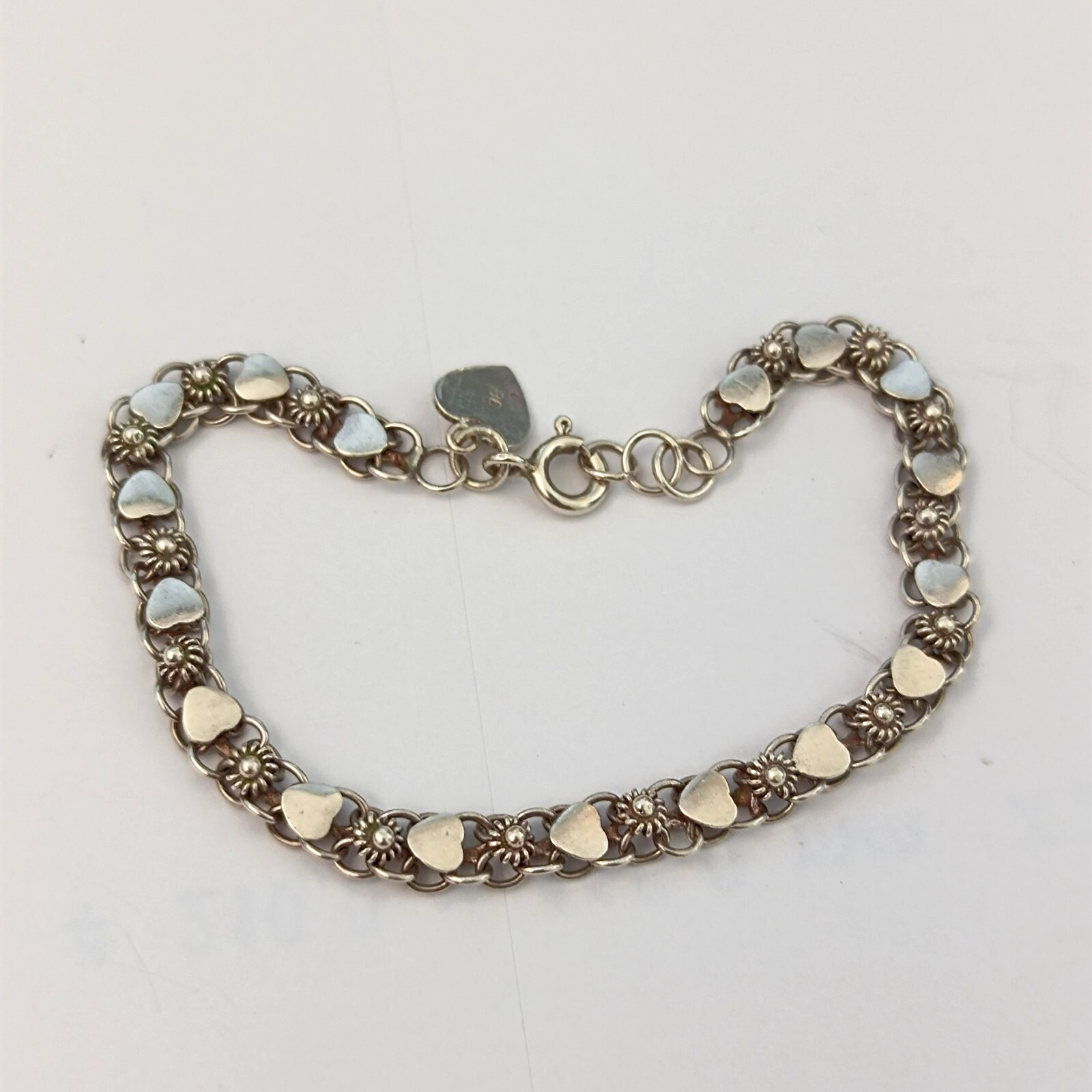 Vintage Silver Bracelet Ethnic Hearts Flowers Dainty Granulated Link Sterling