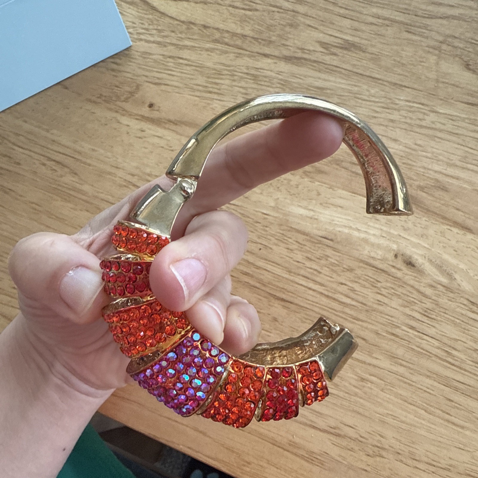 Vintage Hinged Cuff Bracelet Red Orange Fuchsia Rhinestone Crystal 1980s