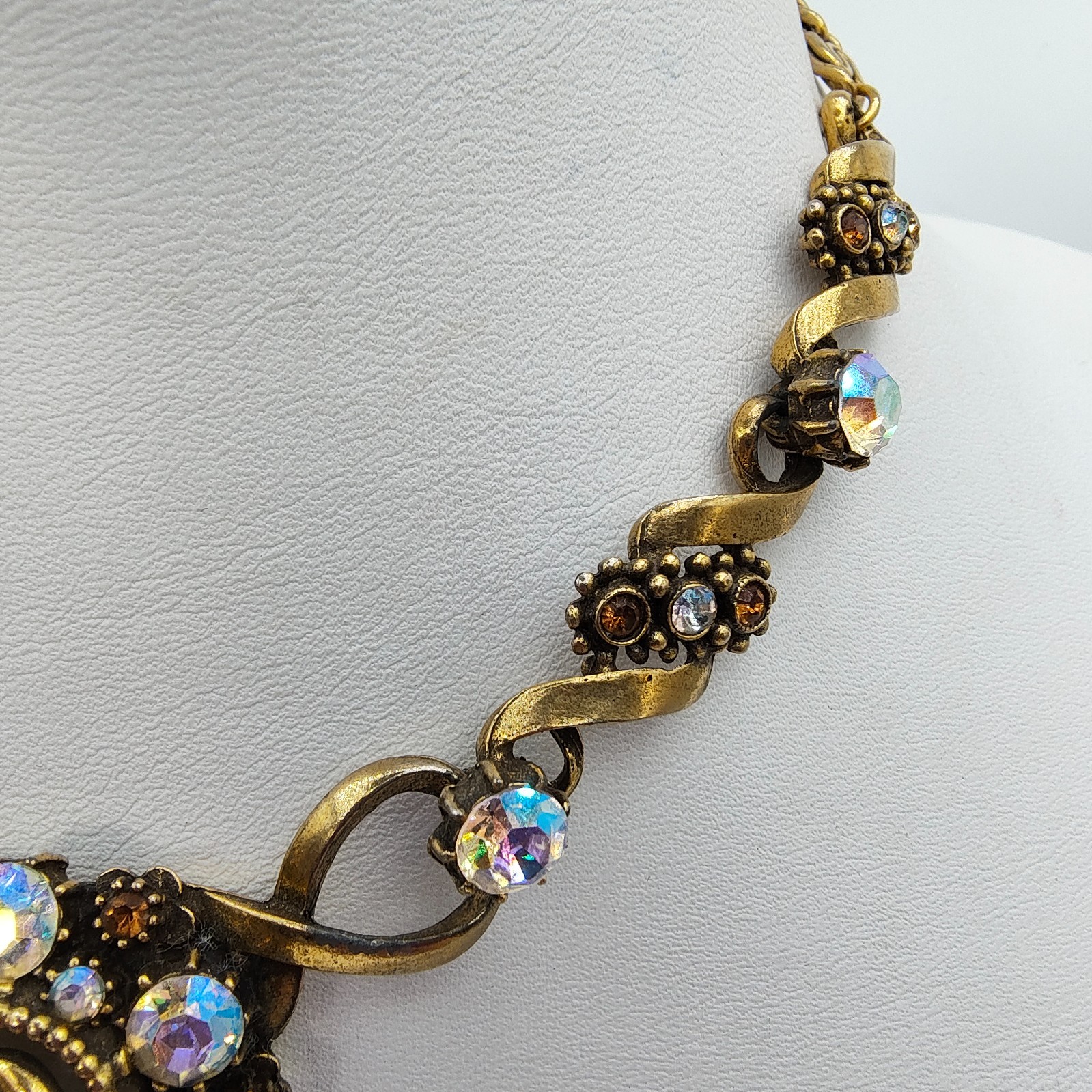 Vintage Florenza Victorian Style Choker Necklace Gold Tone AB Rhinestone Signed