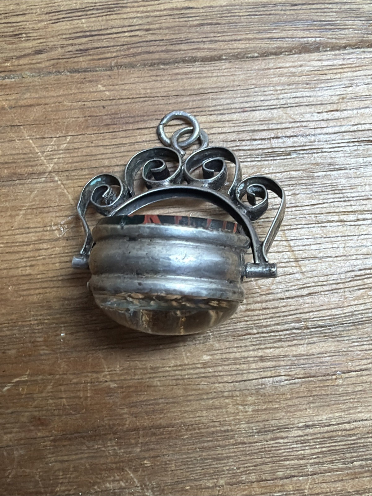 Antique Silver Reverse Glass Painting Equestrian Bloodstone Swivel Fob Pendant