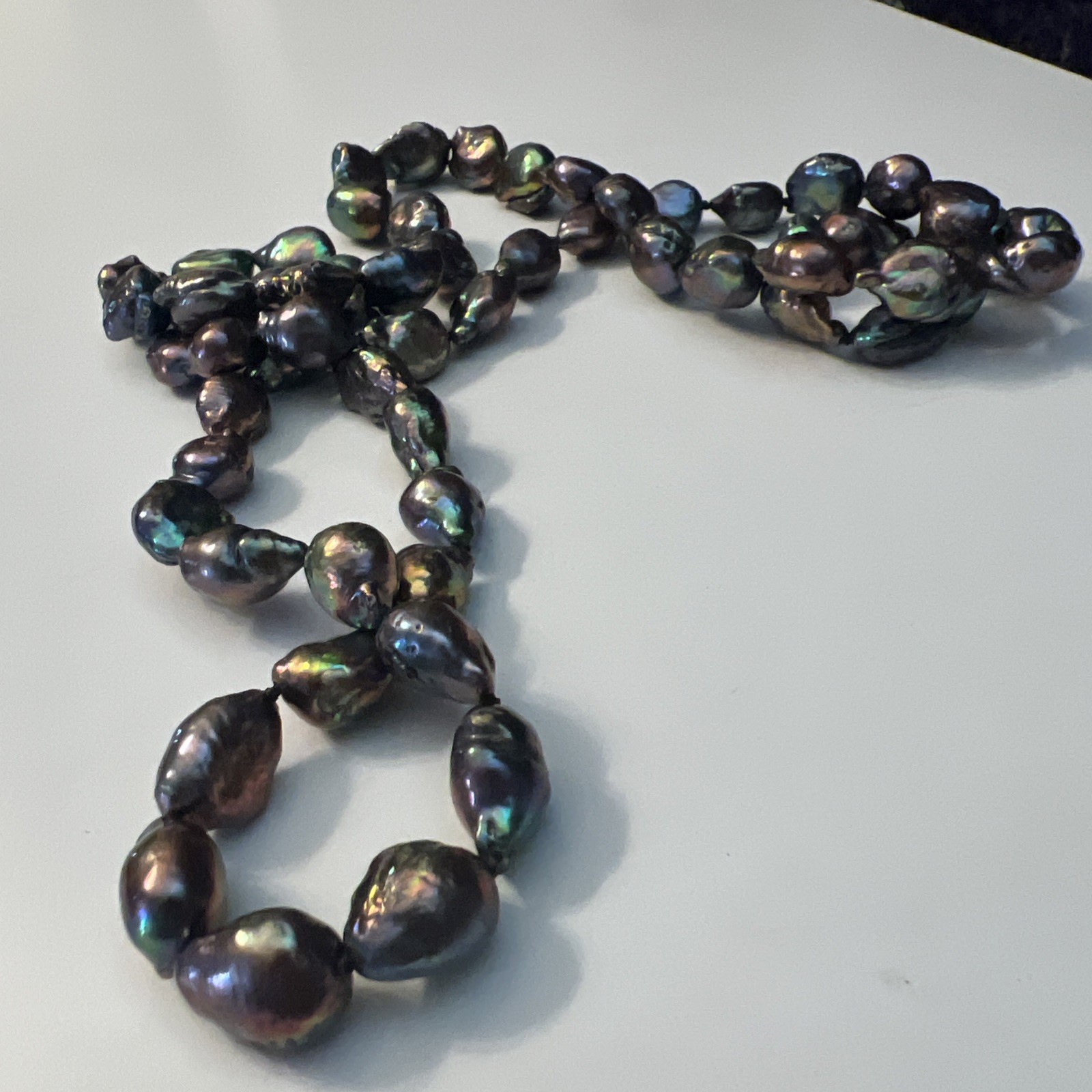Multicolor Black Peacock Pearl Necklace Baroque 19 inch Potato Hand Knotted OOAK