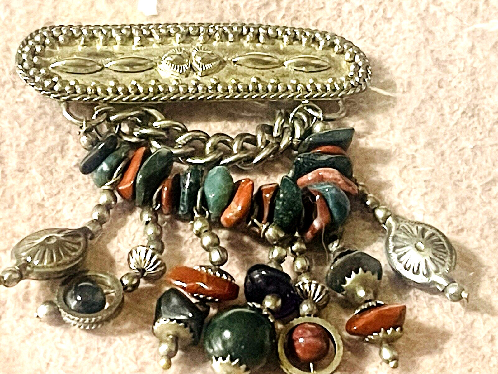 Vintage Hand Crafted Brooch Genuine Stone Chunks Unknown Metal Made In India