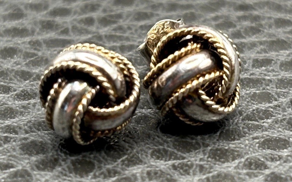 Vintage Two-Tone Sterling Silver 925 Twisted Rope Ball Love Knot 8.4MM Earrings