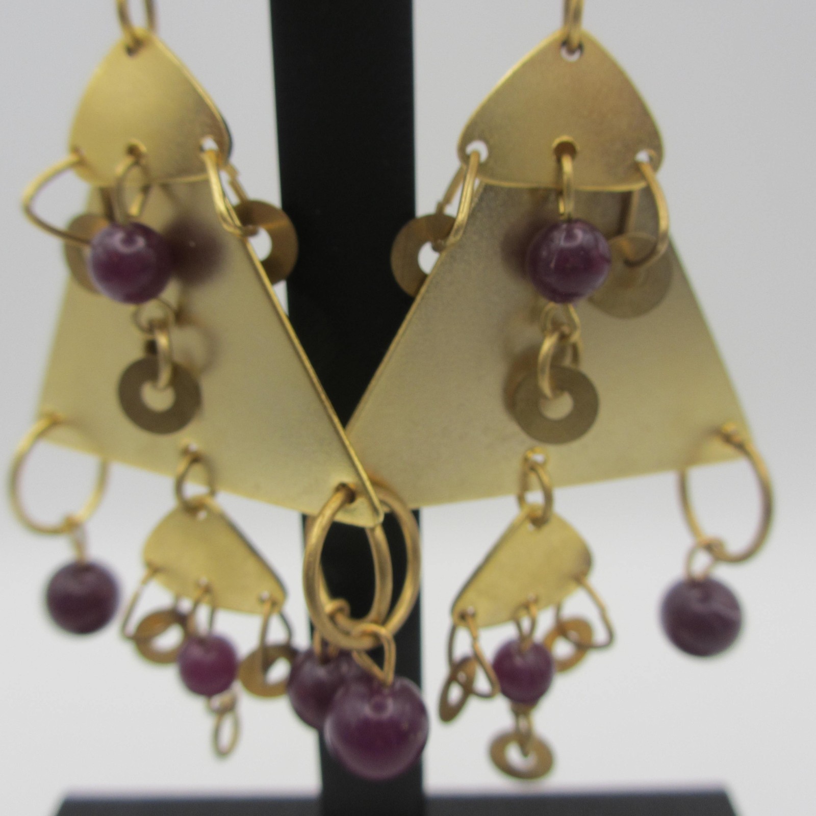 Vintage Statement Earrings Drop Dangle Triangles Purple Beads Bold Post Backs