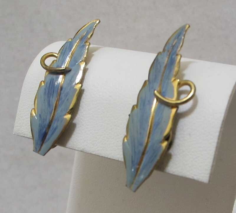 Vtg Light Teal Blue Enamel Gold Tone Slender LEAF Screw Back 1-1/2” Earrings