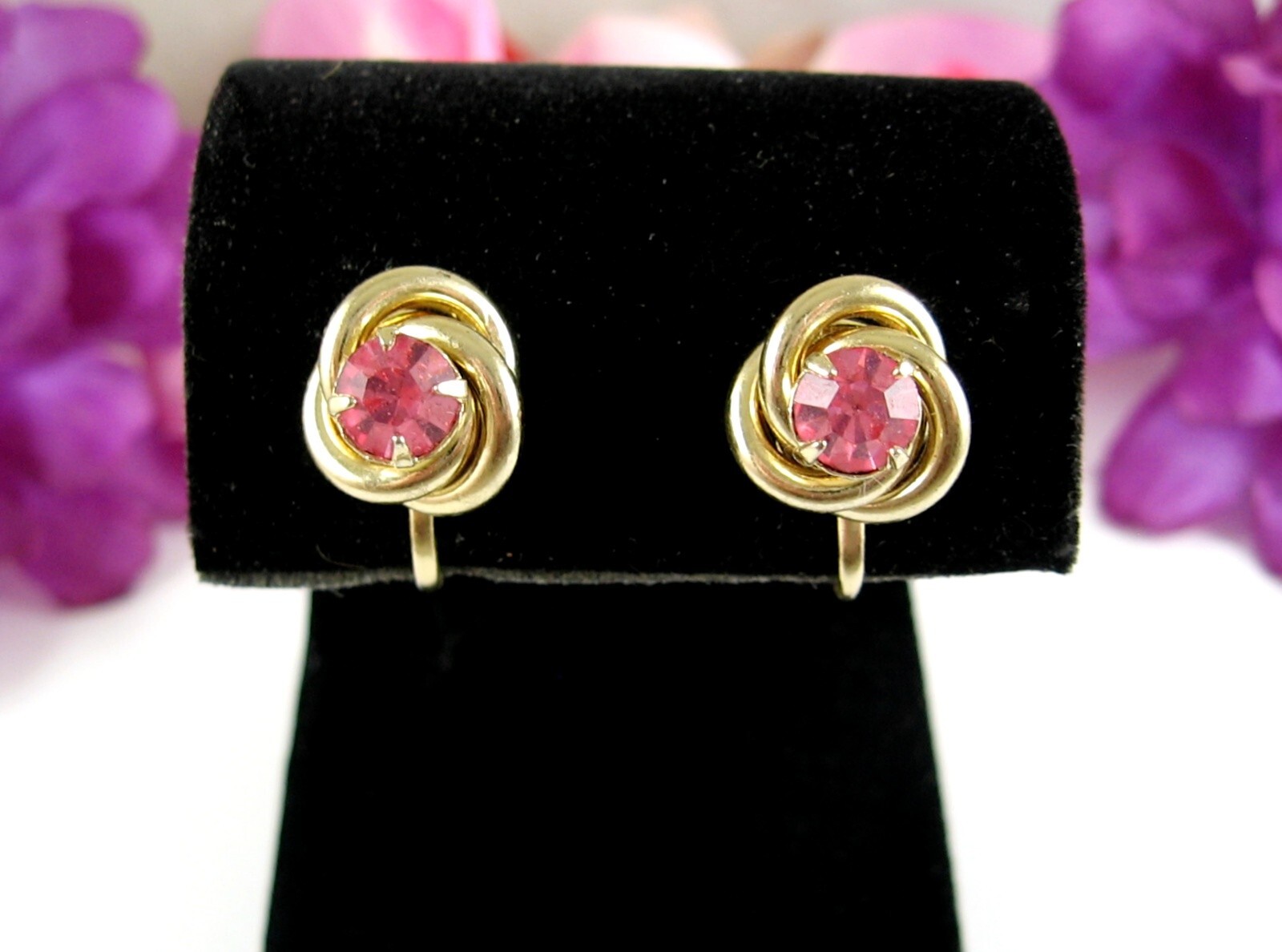 CORO Pink Rhinestone Vintage Screw Back EARRINGS Love Knot Goldtone 1/2″