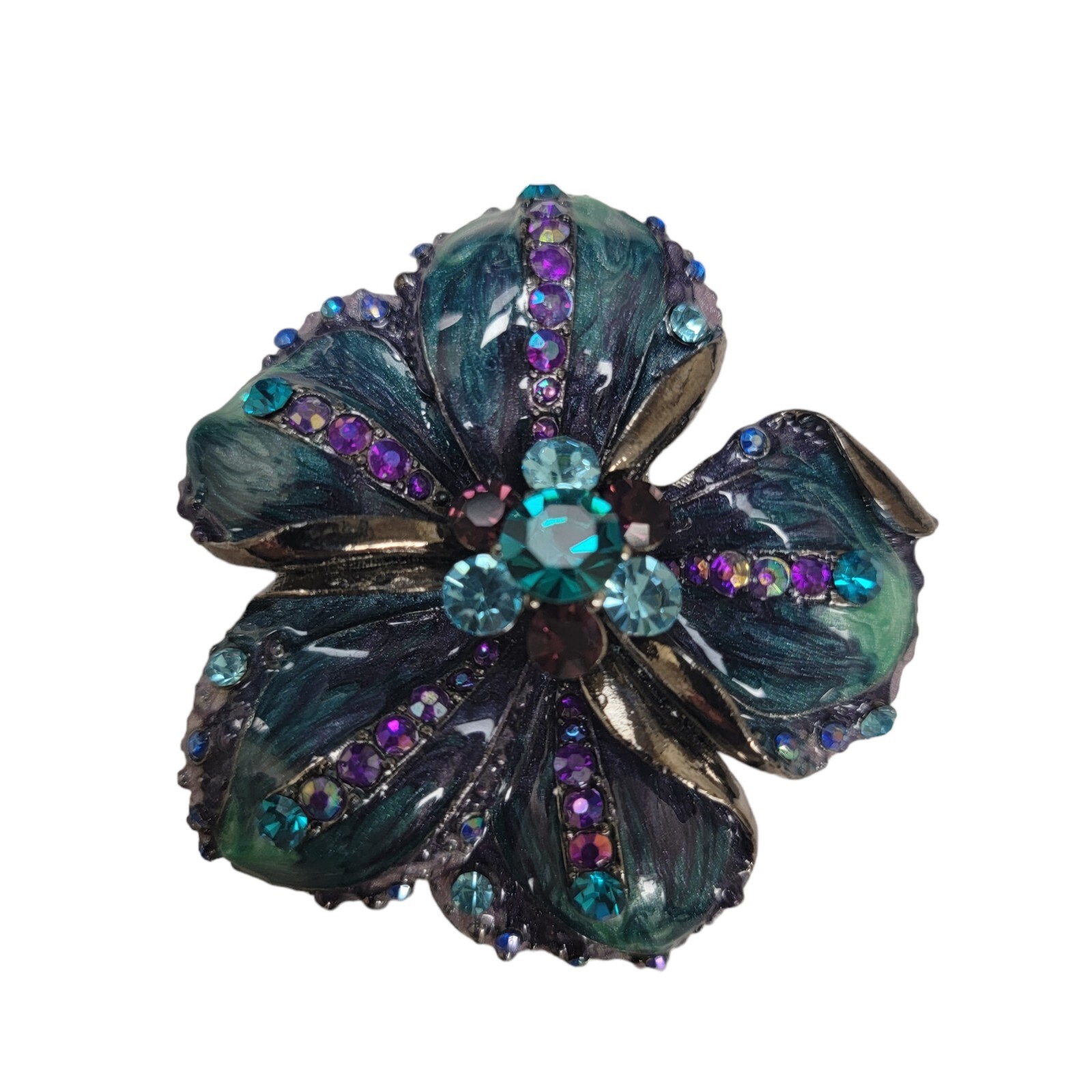 Vtg Estate Brooch 2″ Teal Purple Green Light Blue Rhinestone