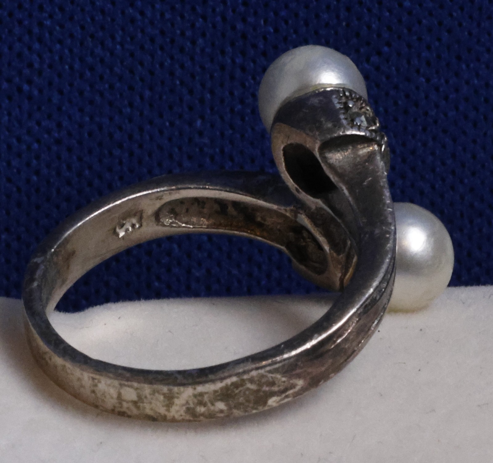 Vintage Sterling Silver 925 CW Faux Pearl Marcasite Ring Size 6.5