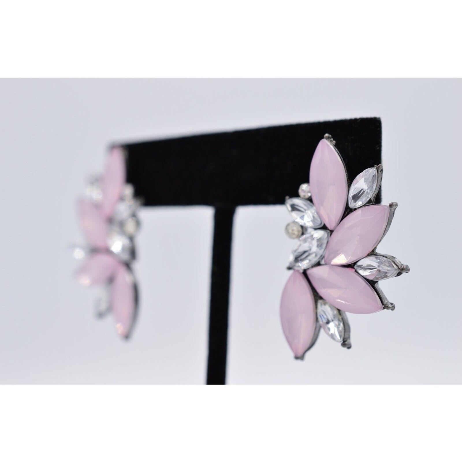Statement Earrings Rhinestone Crystal Frosted Pink Lucite Marquis Gunmetal Bin4