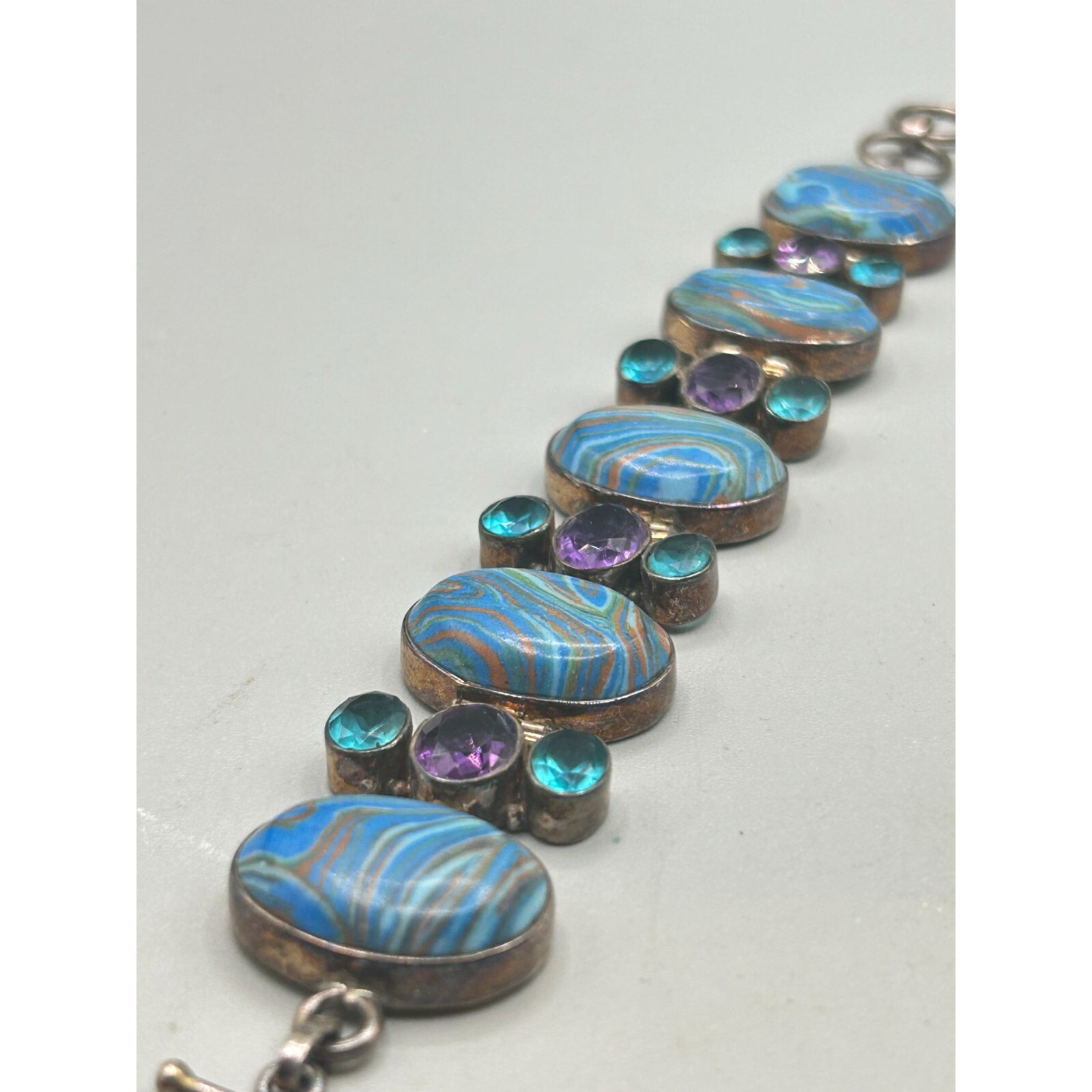 Colorful Purple and Blue Sterling Silver 925 Semi Precious Stones Bracelet 8″