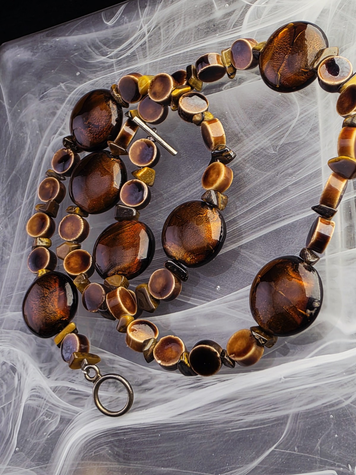 Vintage TIGER’S EYE Glass Goldstone Necklace Chunky BOHO Earthy Statement 21″