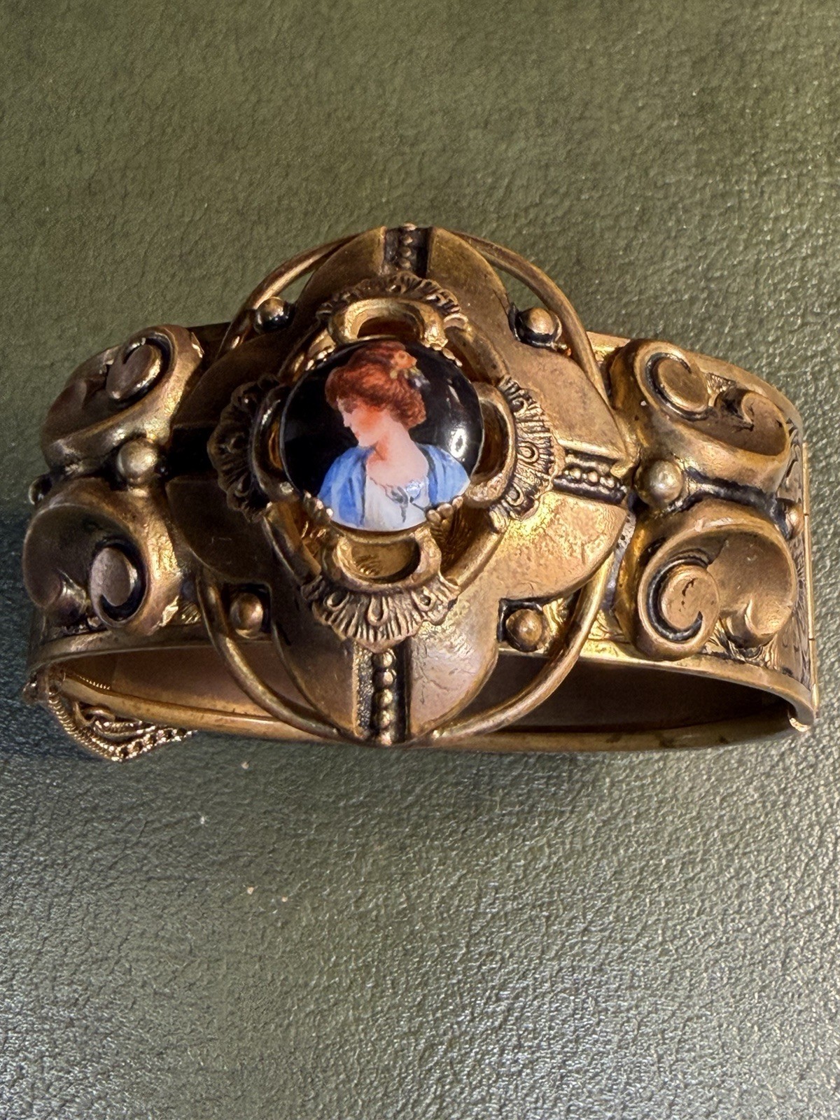 Antique Victorian Porcelain Miniature Portrait Bangle Cuff Bracelet C. 1900