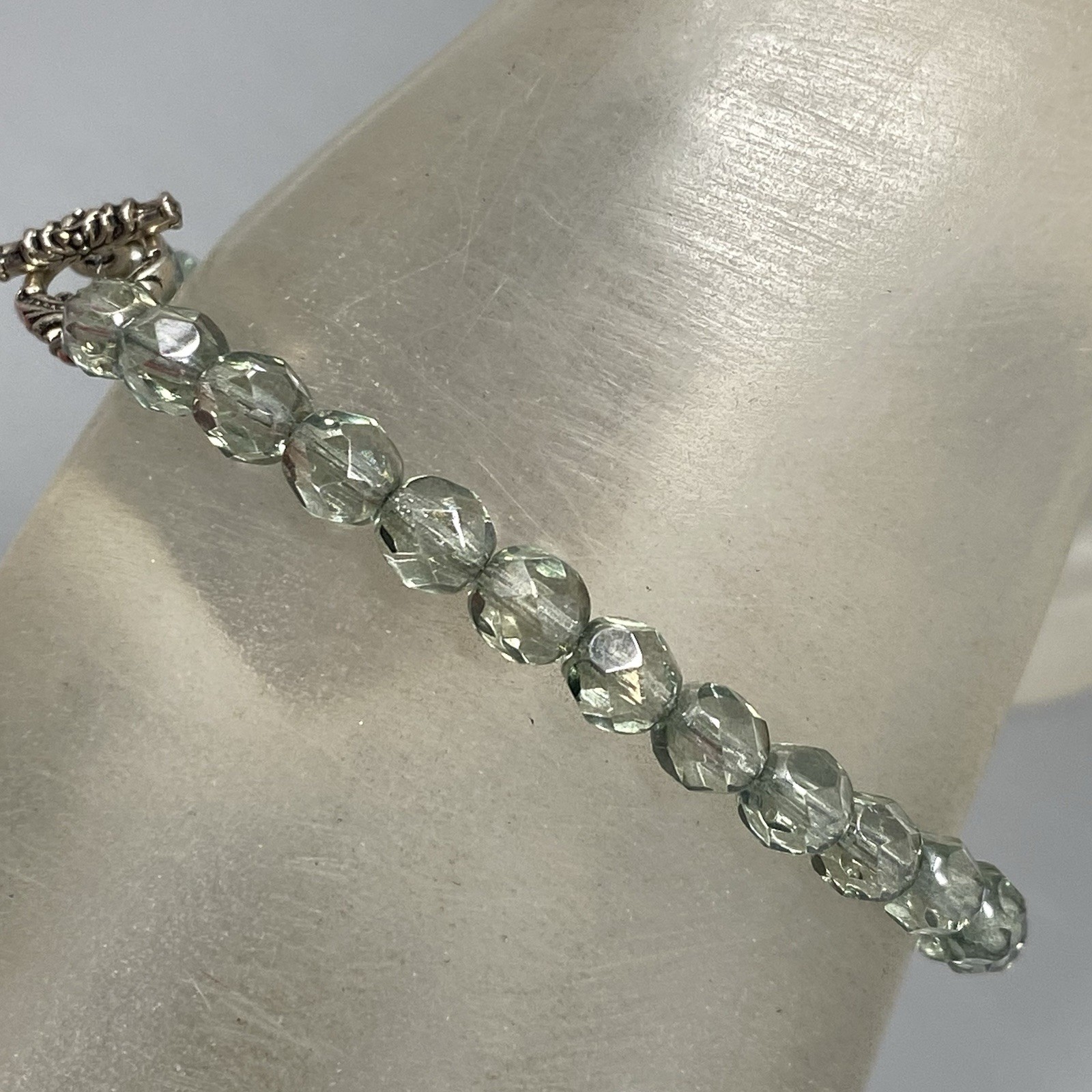 Green Hue Glass Beaded Bracelet Soft Facet Surface Coated Fire Polished 6.75″