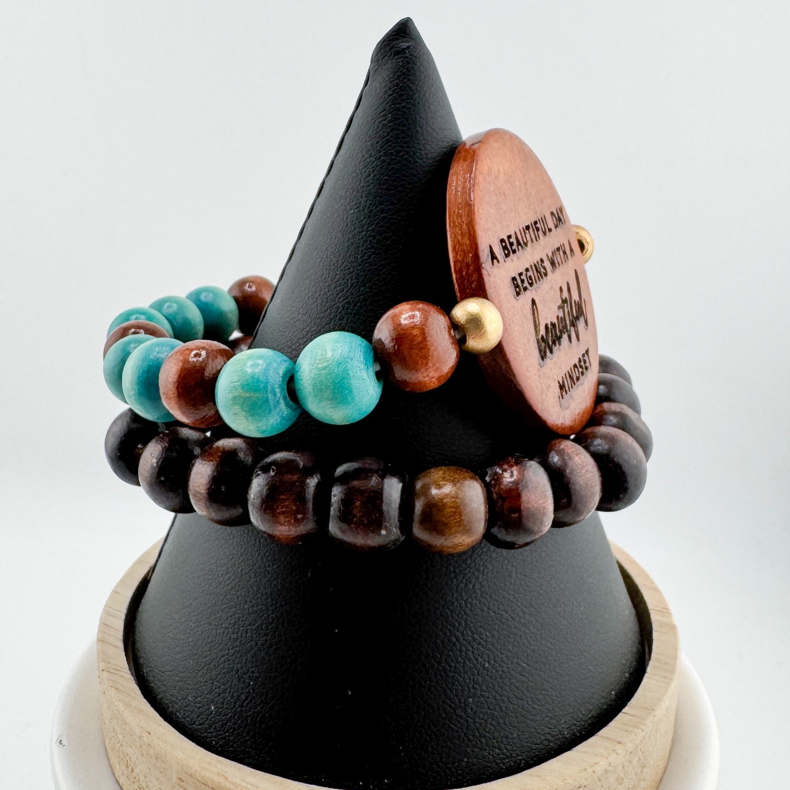 Wood Bead Bracelet 2 Set Stretch Stack Boho Quote “Beautiful Mindset” Earthy