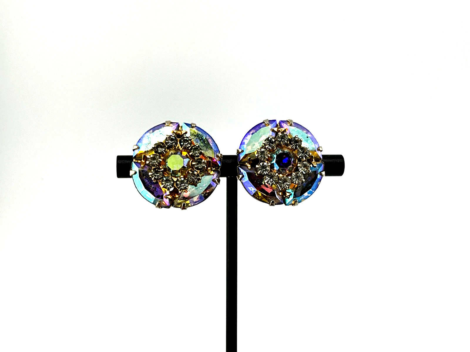 Vintage Aurora Borealis Crystal Earrings Mid Century Hollywood Regency Glam