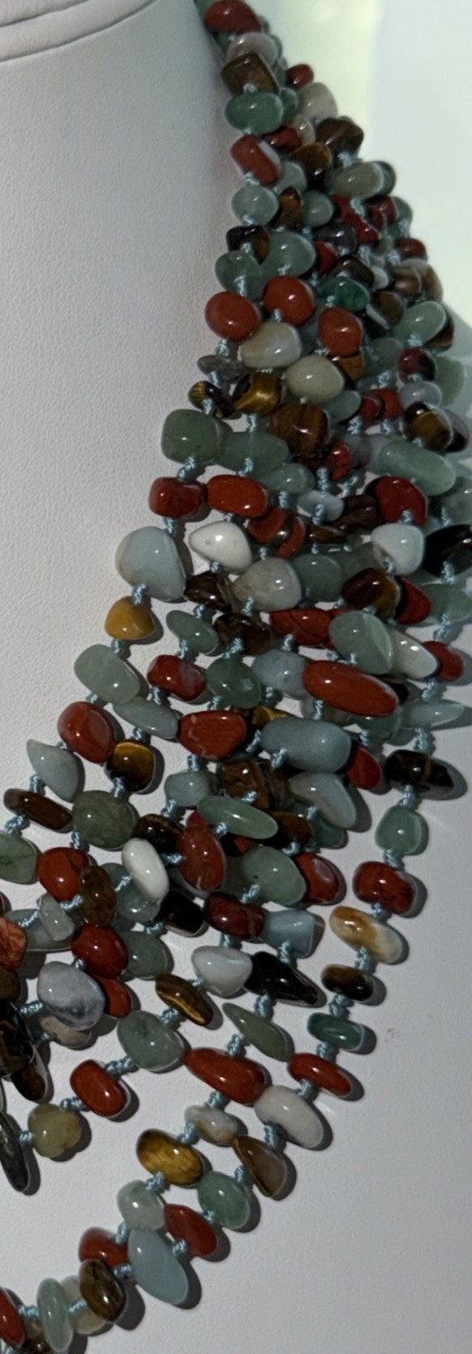 Vtg Multi strand(8)Natural Jade,Tigers Eye,& Jasper Chip Bead Necklace Hand Knot