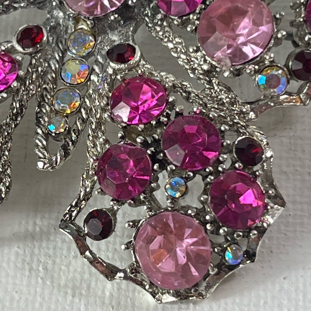 Elegant Pink Butterfly Brooch Pin Multi-colored Rhinestones Approximately 2” Vtg