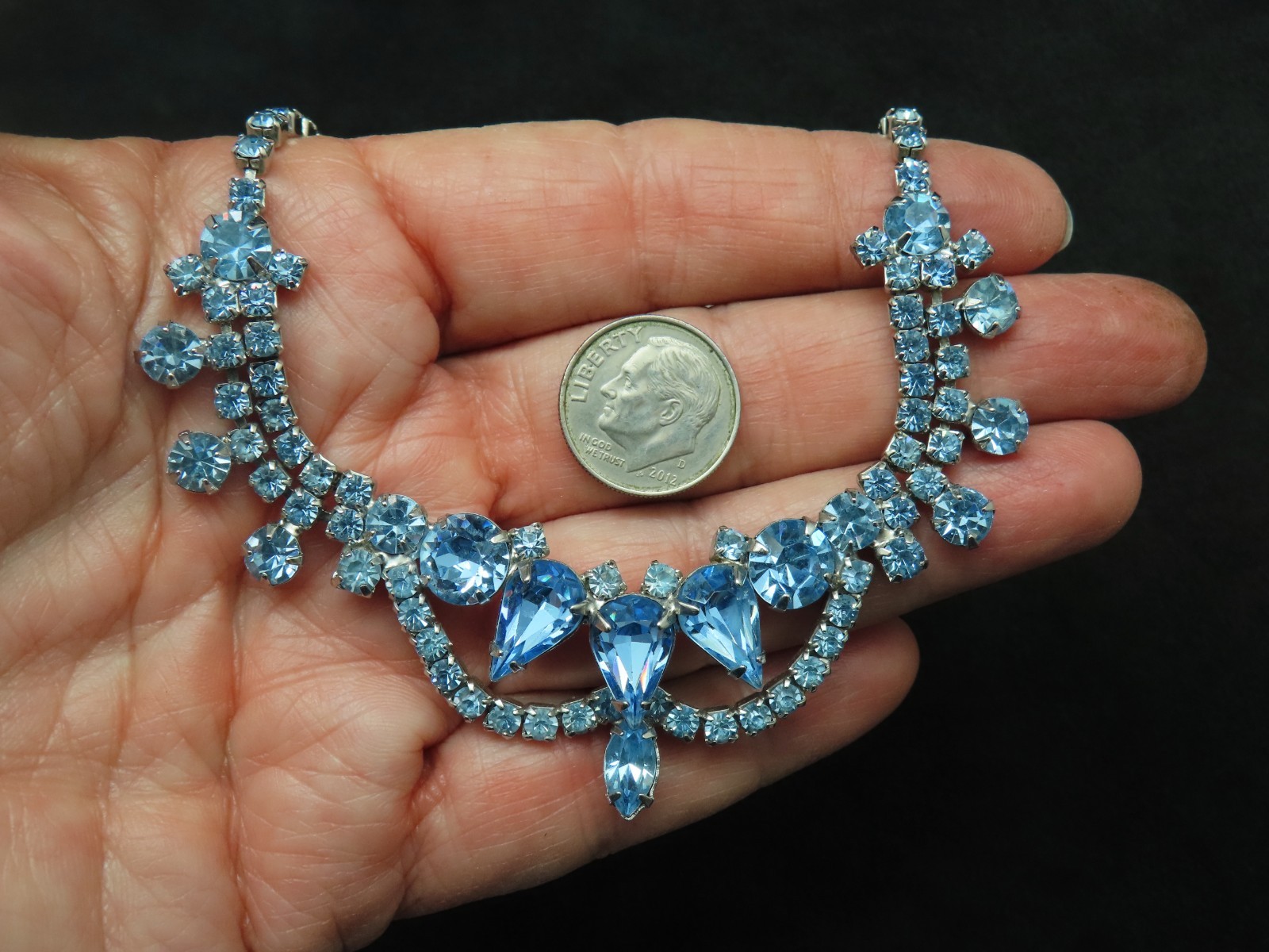 Vintage 1960’s Silver Tone Baby Blue Rhinestone Festoon Swag Necklace