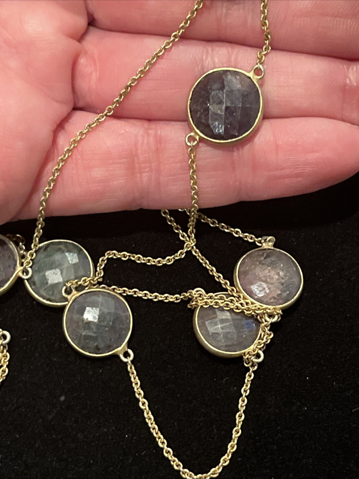 Vintage labradorite bezel station necklace Gemstones 32” Gold Bronze Tone Chain