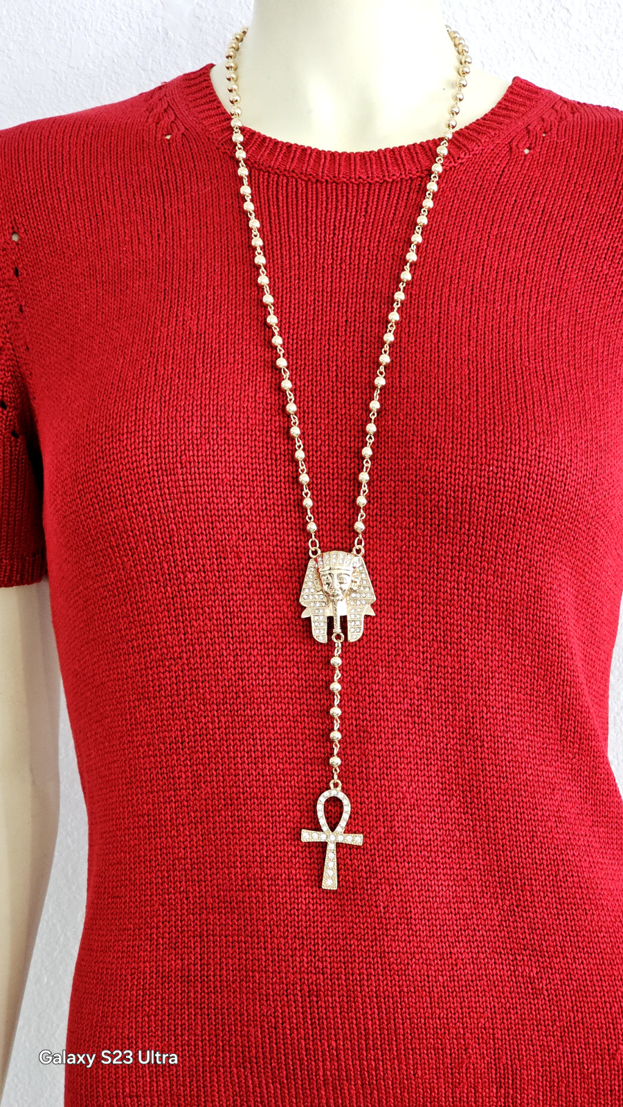 EGYPTIAN PHARAOH King Tut ankh cross21” bead rosary hip hop necklace. NWOT