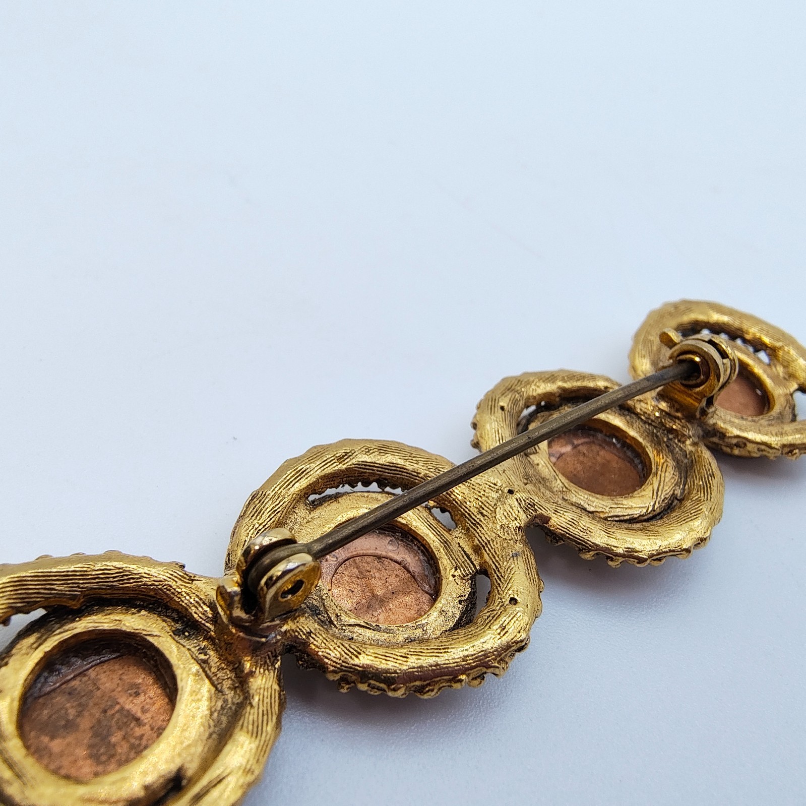 Vintage Byzantine Style Bar Brooch Gold Tone Brown Victorian Revival Style