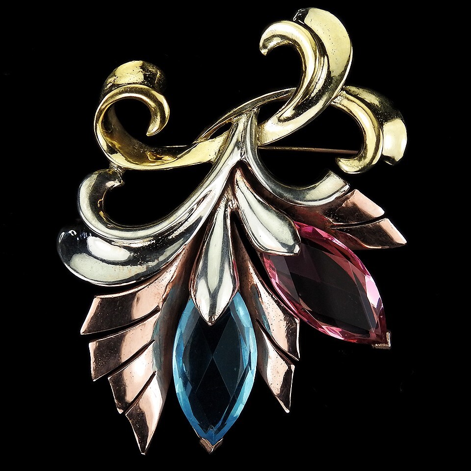 MB Boucher 3 Colour Gold Lozenge Cut Blue & Pink Topaz 2 Flower Spray Pin